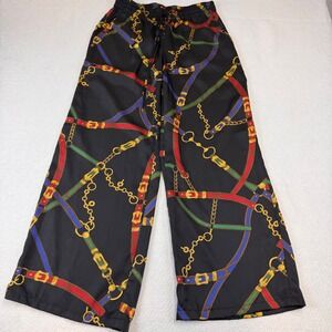 Lauren Ralph Lauren Wide Leg Pants Black Chain Belt Print Elastic Waist Women Sm